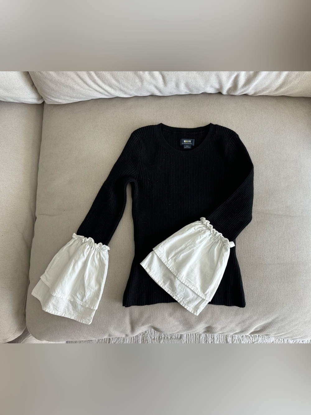 Anthropologie Maeve Black Knit Sweater with White Puff Sleeves Size XS
